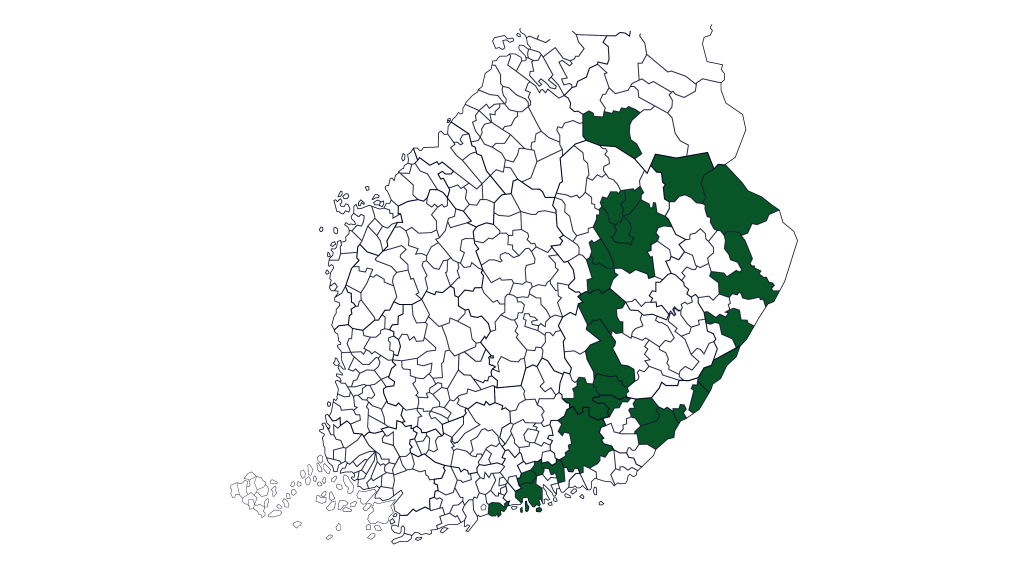 Itärata Oy:n omistavat Suomen valtio (51 %) edustajanaan liikenne- ja viestintäministeriö sekä 24 kuntaa tai kaupunkia. Itärata Oy on perustettu 28.3.2022. Kuvassa on kartta, jossa näkyvät omistajakunnat. 
