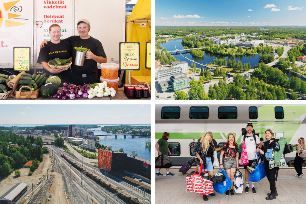 Kuvakollaasi Joensuun kaupunkinäkymistä.