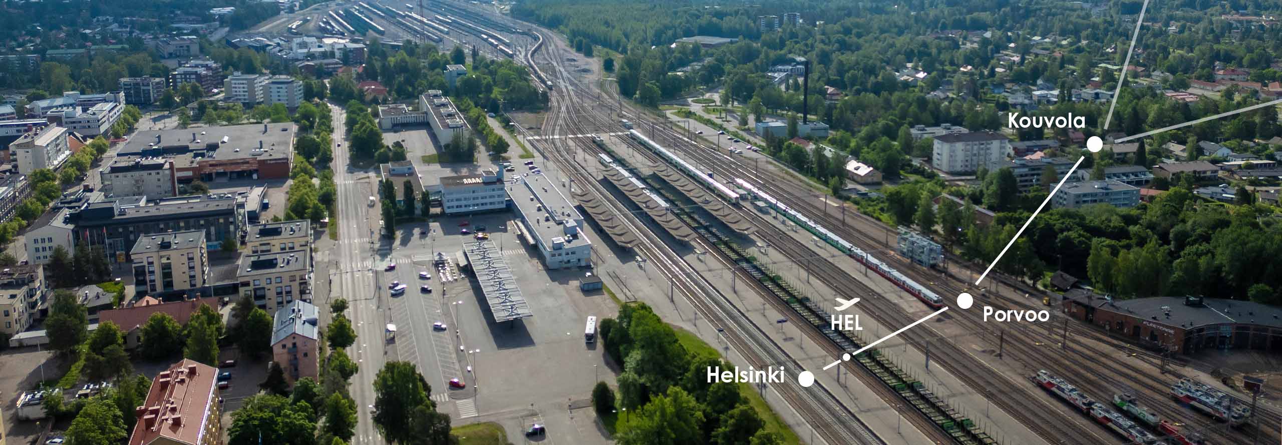 Ilmakuva rautatieaseman ympäristöstä.