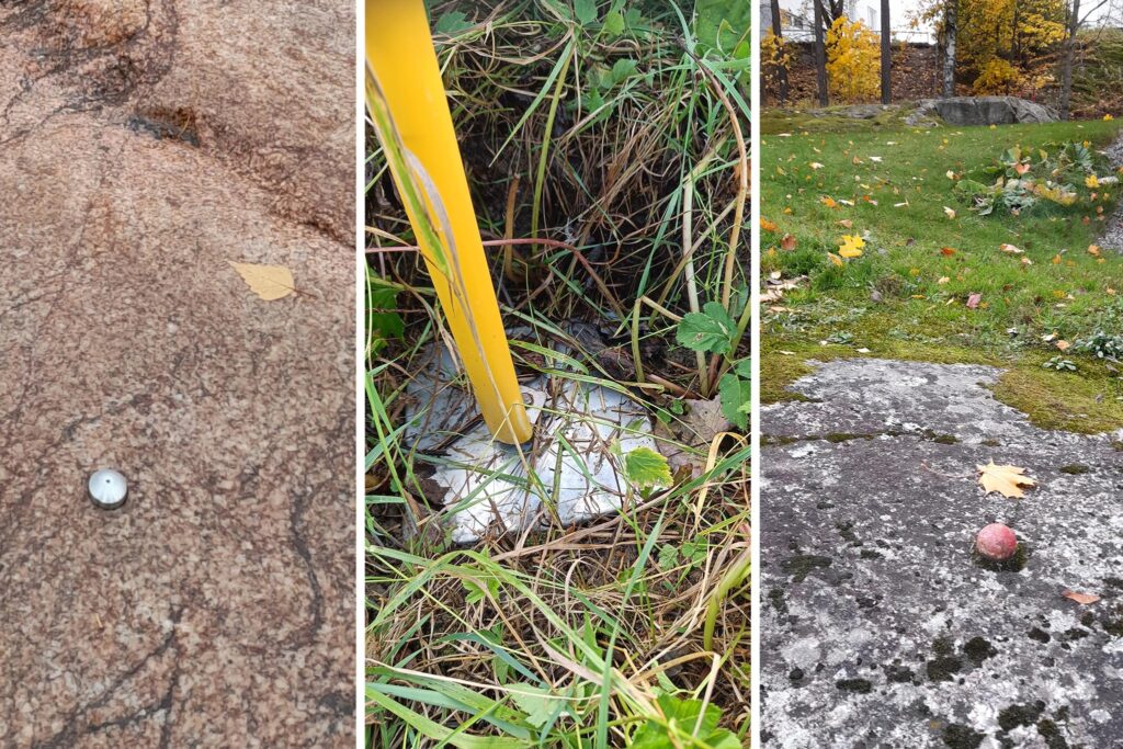 Kollaasissa kolme kuvaa, joissa kallioon kiinnitettävät pultit ja maastoon asennettavat merkkiputket.