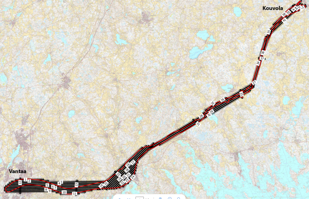 Karttakuva alustavasta lentosuunnitelmasta
