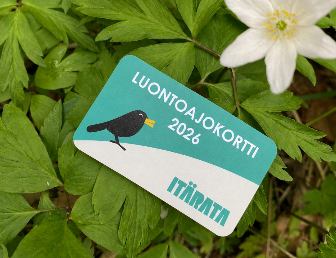 naturkörkort, text och en bild på en fågel, med växtlighet och en blomma i bakgrunden